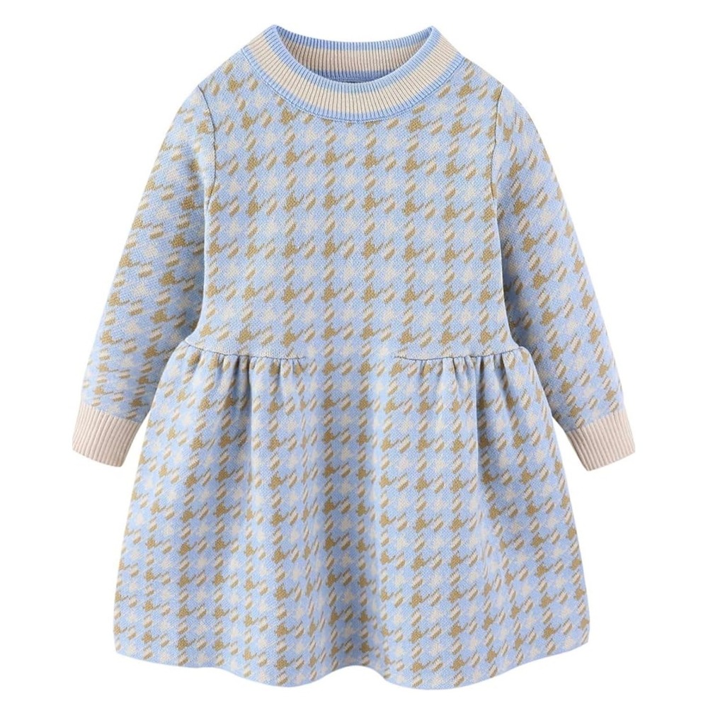 Mud Kingdom Houndstooth Knit Long Sleeve Dress Blue Brown 5T 5Y 120